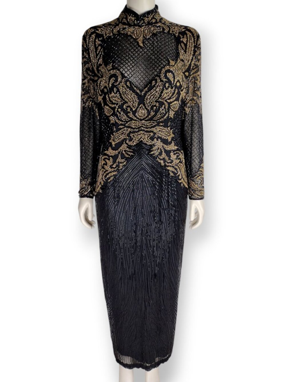 Vintage 1980s Black and Gold Beaded Long Sleeve Maxi Evening Dress Size M/L